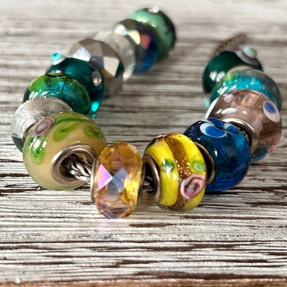 Lot Of 14 Designer Big Hole Murano Glass Charms Sterling Core, Colorful & Flower - Picture 3 of 16